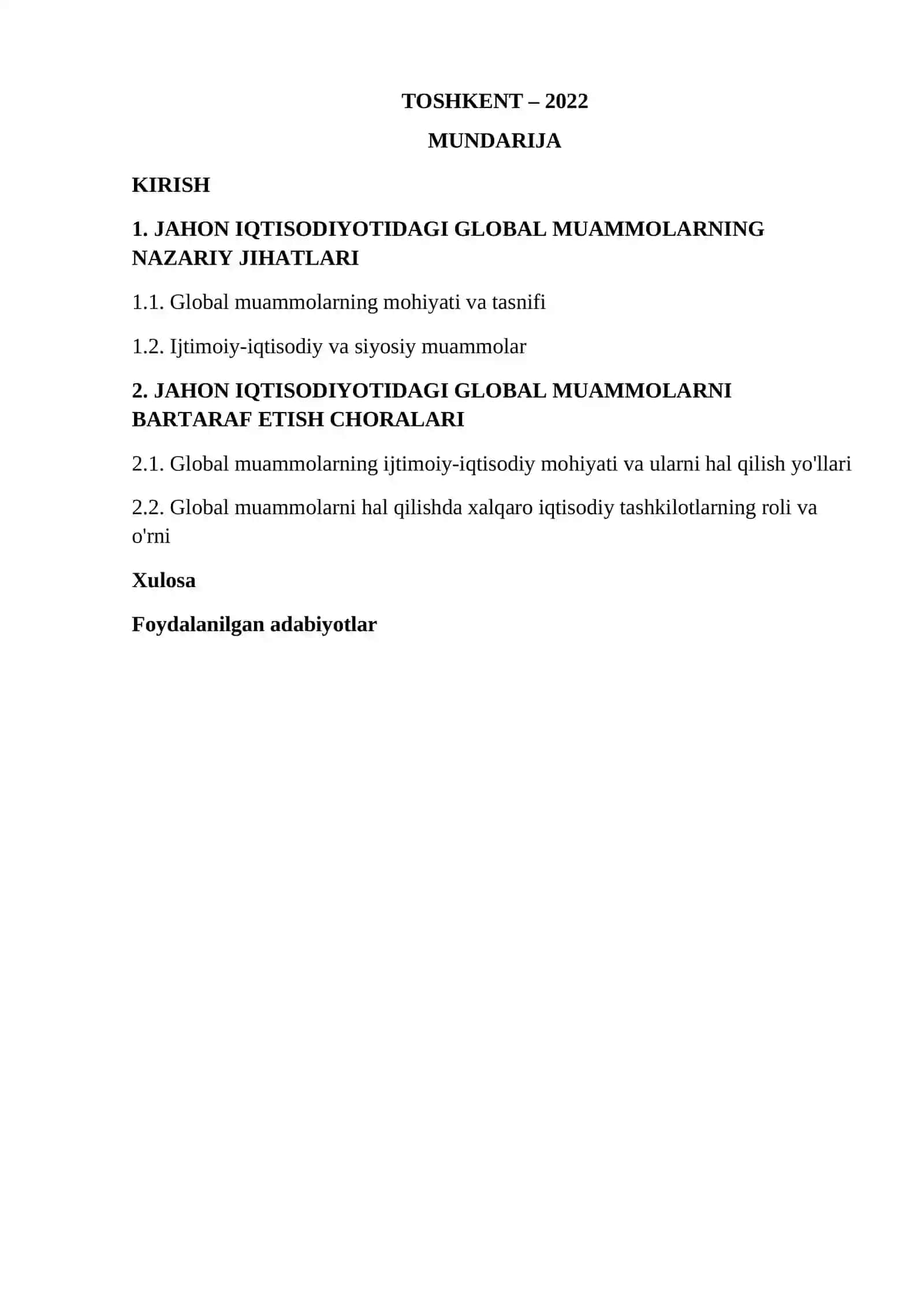 Jahon iqtisodiyotida global muammolar tahlili 2