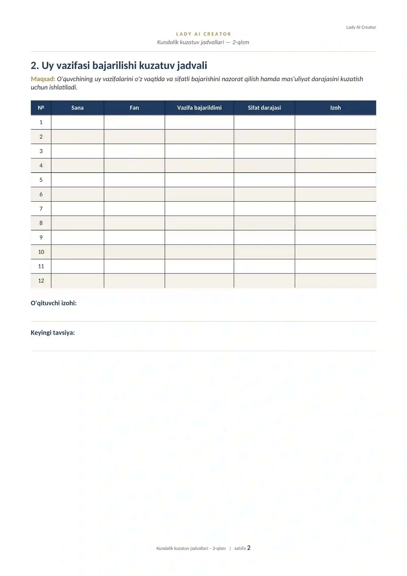 Kundalik kuzatuv jadvallari — 2-qism | O'qituvchilar va ota-onalar uchun (10 ta printable jadval) 2