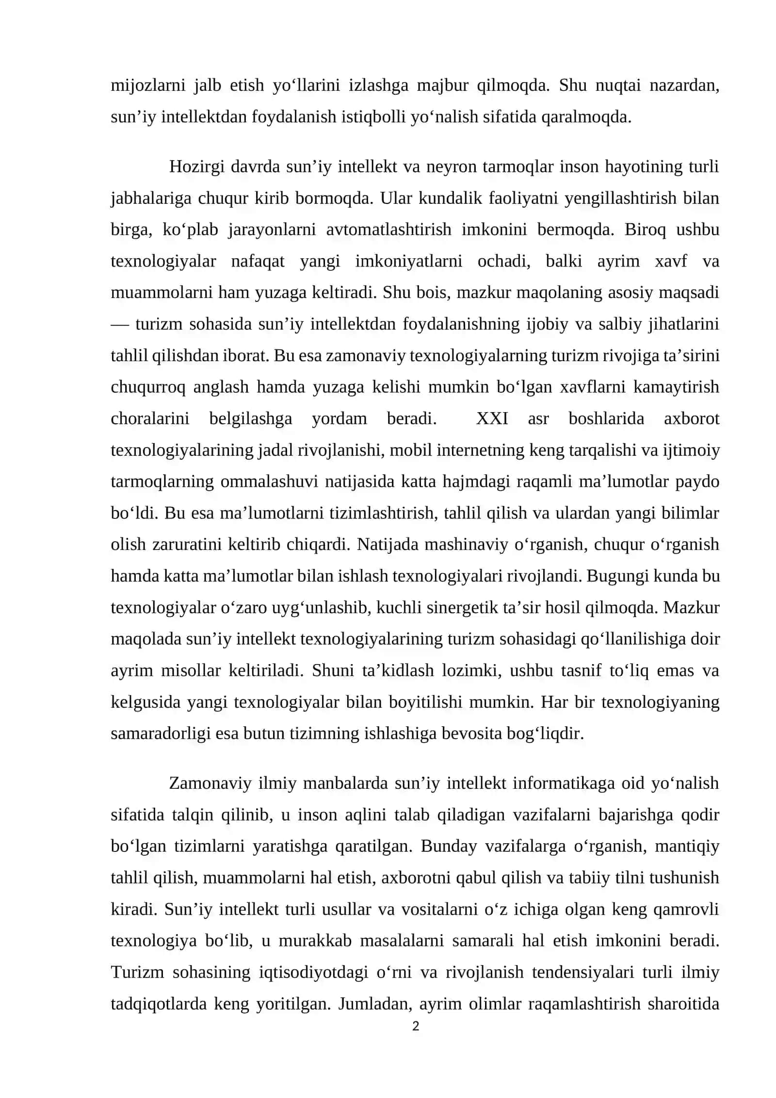Turizm sohasida sun’iy intellekt va raqamli texnologiyalarni rivojlantirish istiqbollari 2