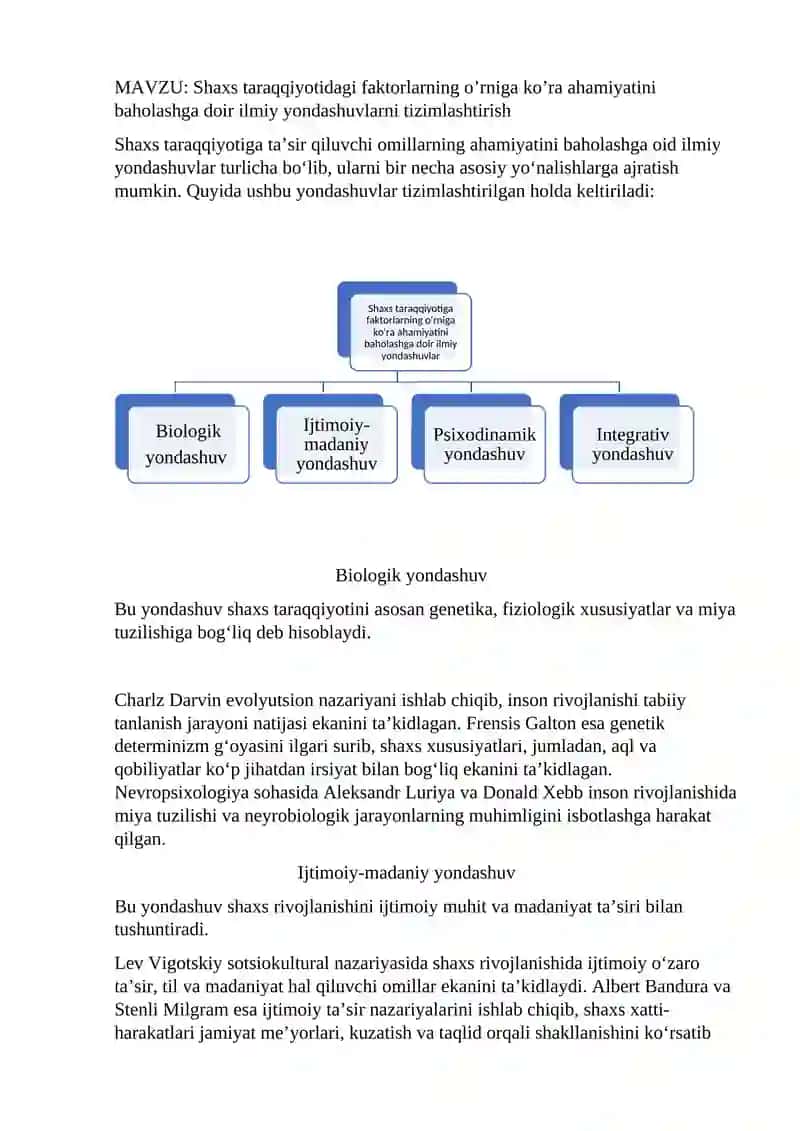 Shaxs taraqqiyotidagi faktorlarning o’rniga ko’ra ahamiyatini baholashga doir ilmiy yondashuvlar tizimlashtirish 2