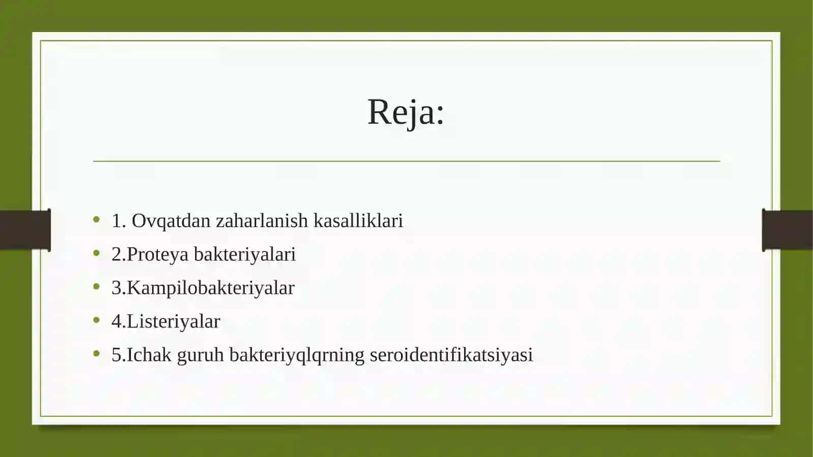 Ovqatdan zaharlanish kasalliklari: proteya, kampilobakteriya, Ichak tayoqchasi, listeriya. Ichak guruhi bakteriyalarining seroidentifikatsiyasi. 2
