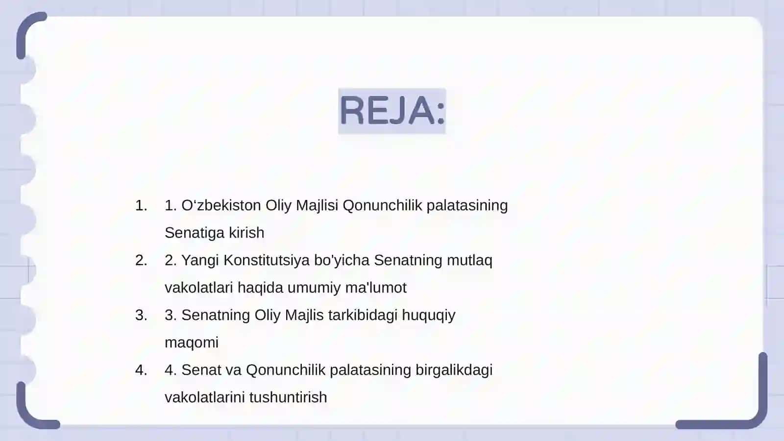 O'zbekiston Respublikasi Oliy majlis Qonunchilik palatasiining Senatning huquqiy maqomi va mutloq vakolatlarini hamda ularning birgalikdagi vakolatlarini yangi tahrirdagi O'zbekiston Respublikasi Konstitutsiyasi normalari as 2