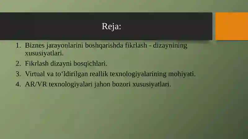 Biznesda fikrlash dizayni. Virtual va toʻldirilgan reallik texnologiyalari 2