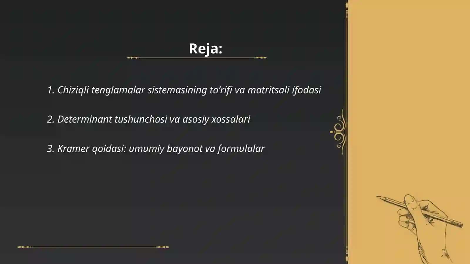 Chiziqli tenglamalar sistemasini kramer va gauss usullarida yechish 2