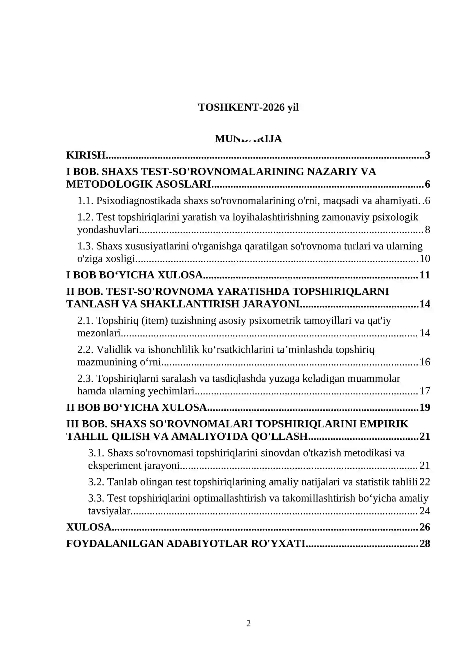 Shaxs test-so’rovnomalarini yaratishda topshiriqni tanlash mavzusidagi kurs ishi 2