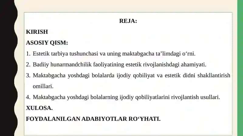 ESTETIK G‘OYALARNI RIVOJLANTIRISH VOSITASI SIFATIDA MAKTABGACHA YOSHDAGI BOLALARNI BADIIY HUNARMANDCHILIK BILAN TANISHTIRISH 2