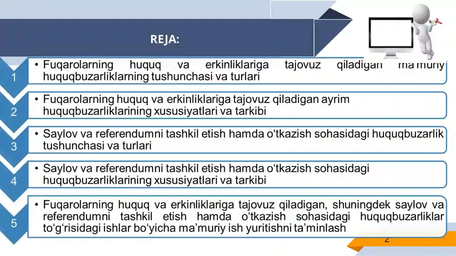FUQAROLARNING HUQUQ VA ERKINLIKLARIGA TAJOVUZ QILADIGAN,SHUNINGDEK SAYLOV VA REFERENDUMNI TASHKIL ETISH HAMDA O‘TKAZISH SOHASIDAGIHUQUQBUZARLIKLAR UCHUN MA’MURIY JAVOBGARLIK 2