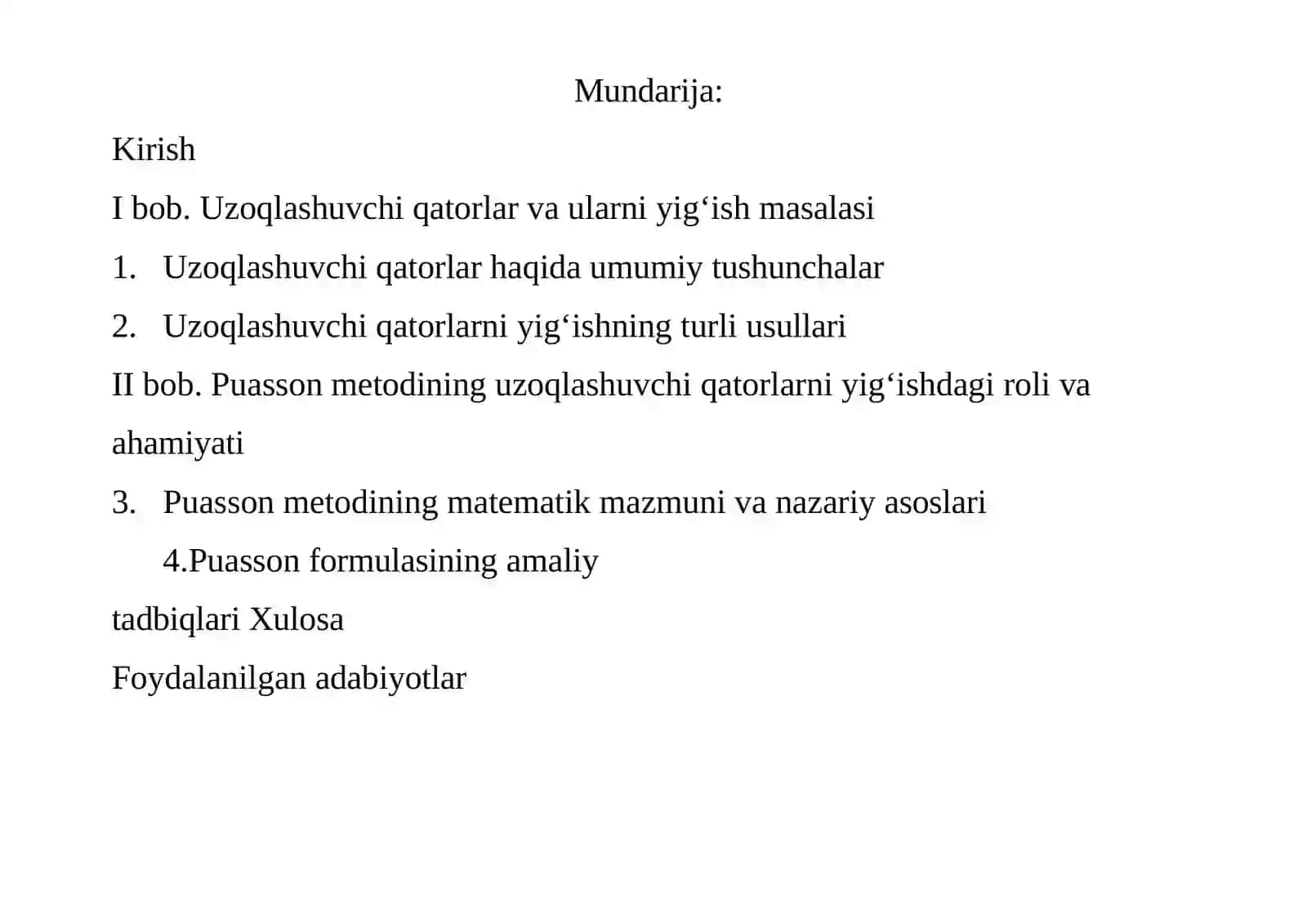 Matematika analizi fanidan Uzoqlashuvchi qatorlarni Puasson metodi yordamidayi g‘ish 2