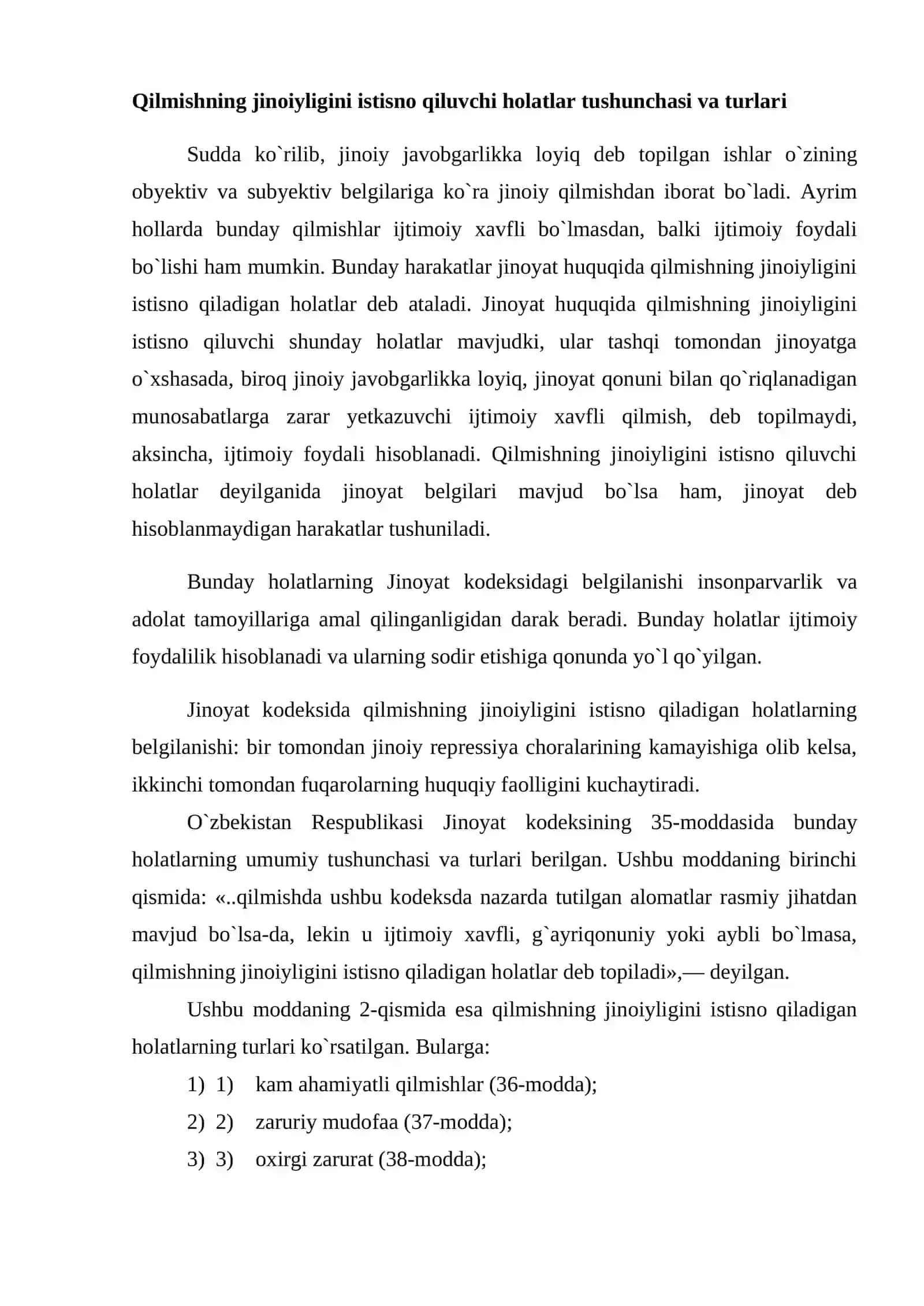 Qilmishning jinoiyligini istisno qiluvchi holatlar tushunchasi va turlari 2