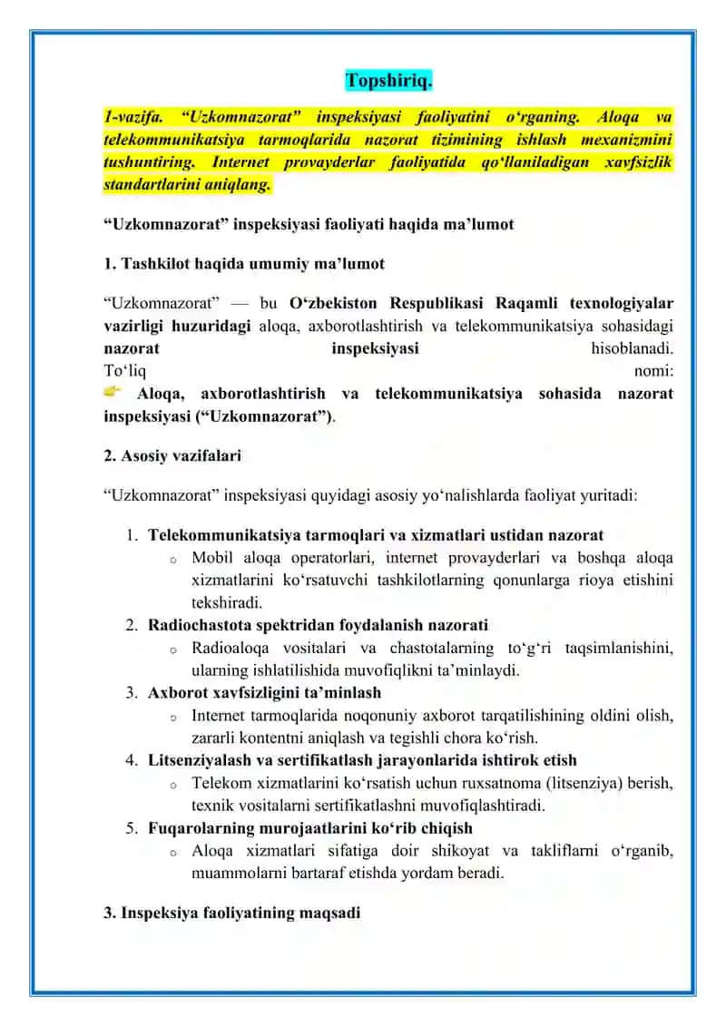 Kibermakonda axborot xavfsizligi – 3-laboratoriya ishi “Uzkomnazorat”, DUK, Unicon va Xavfsiz shahar tahlili (to‘liq yechim, DOCX formatda) 2