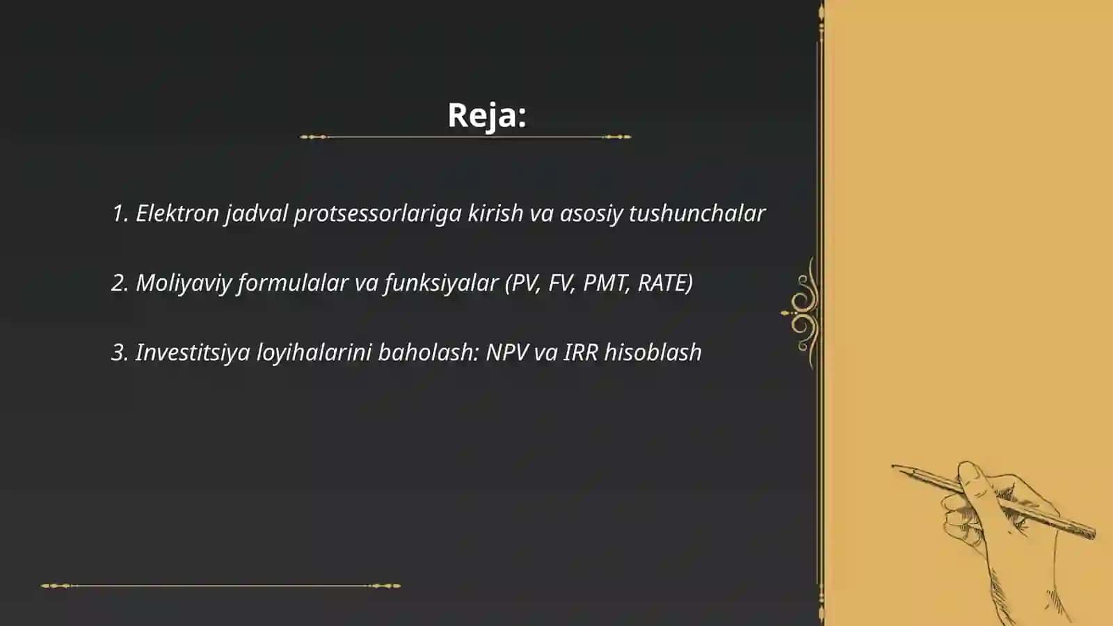 Iqtisodiyot va moliya sohasidagi amaliy masalalarni hal qilish uchun elektron jadval protsessorlaridan foydalanish 2