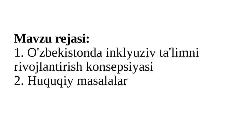 O'zbekistonda inklyuziv ta'limni rivojlantirish konsepsiyasi. Huquqiy masalalar 2