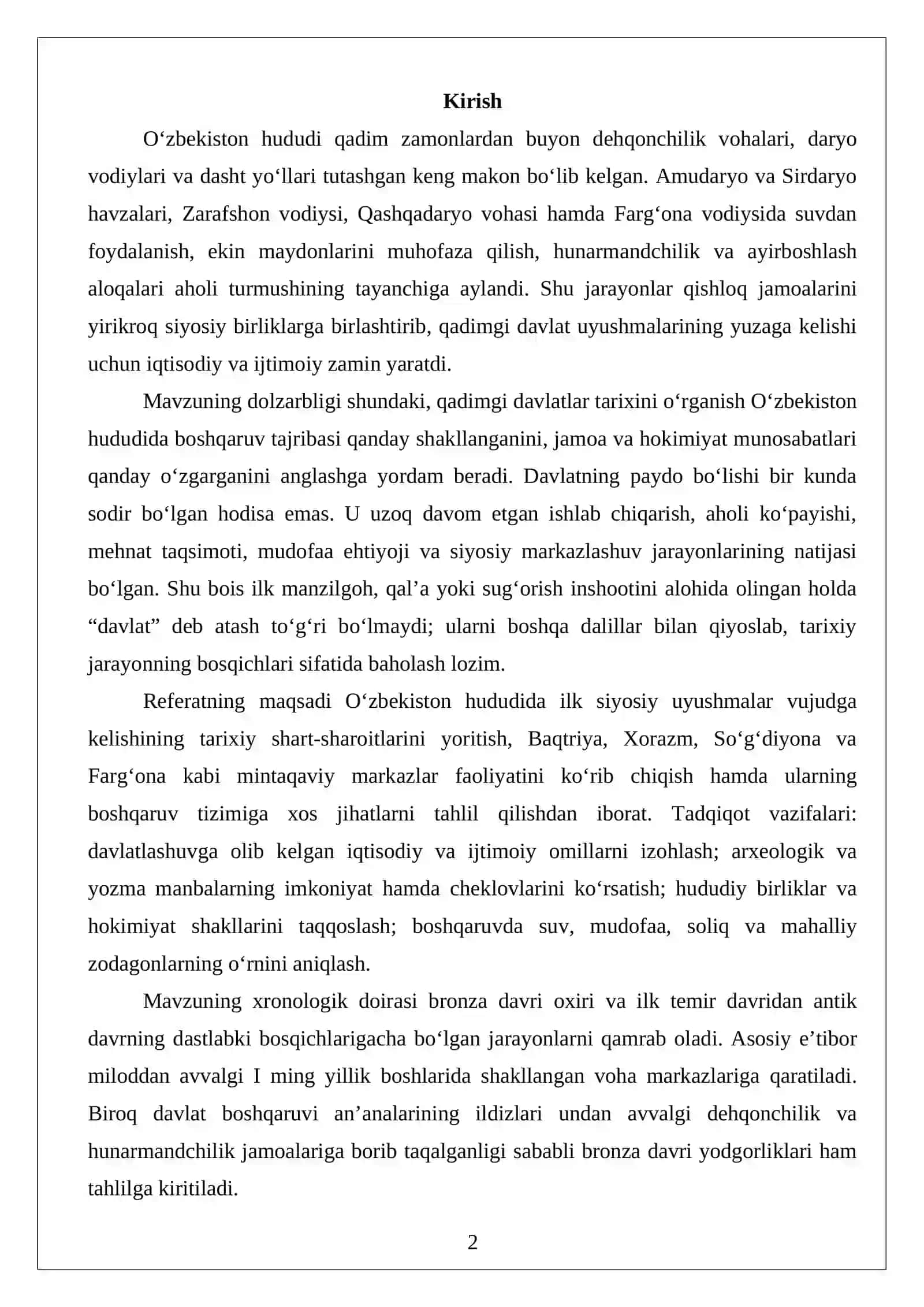O'zbekiston hududida eng qadimgi davlat uyushmalarining shakllanishi va ularning boshqaruv tizimi 2