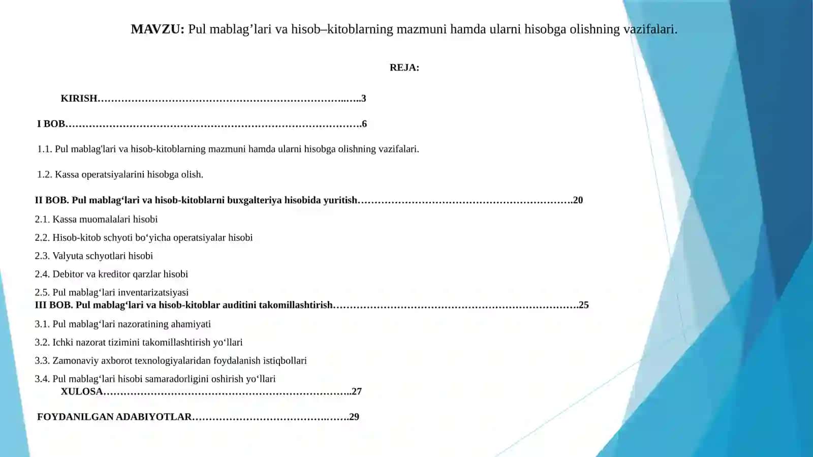 Kurs Ishi: Pul mаblаg’lаri vа hisоb–kitоblаrning mаzmuni hаmdа ulаrni hisоbgа оlishning vаzifаlаri 2