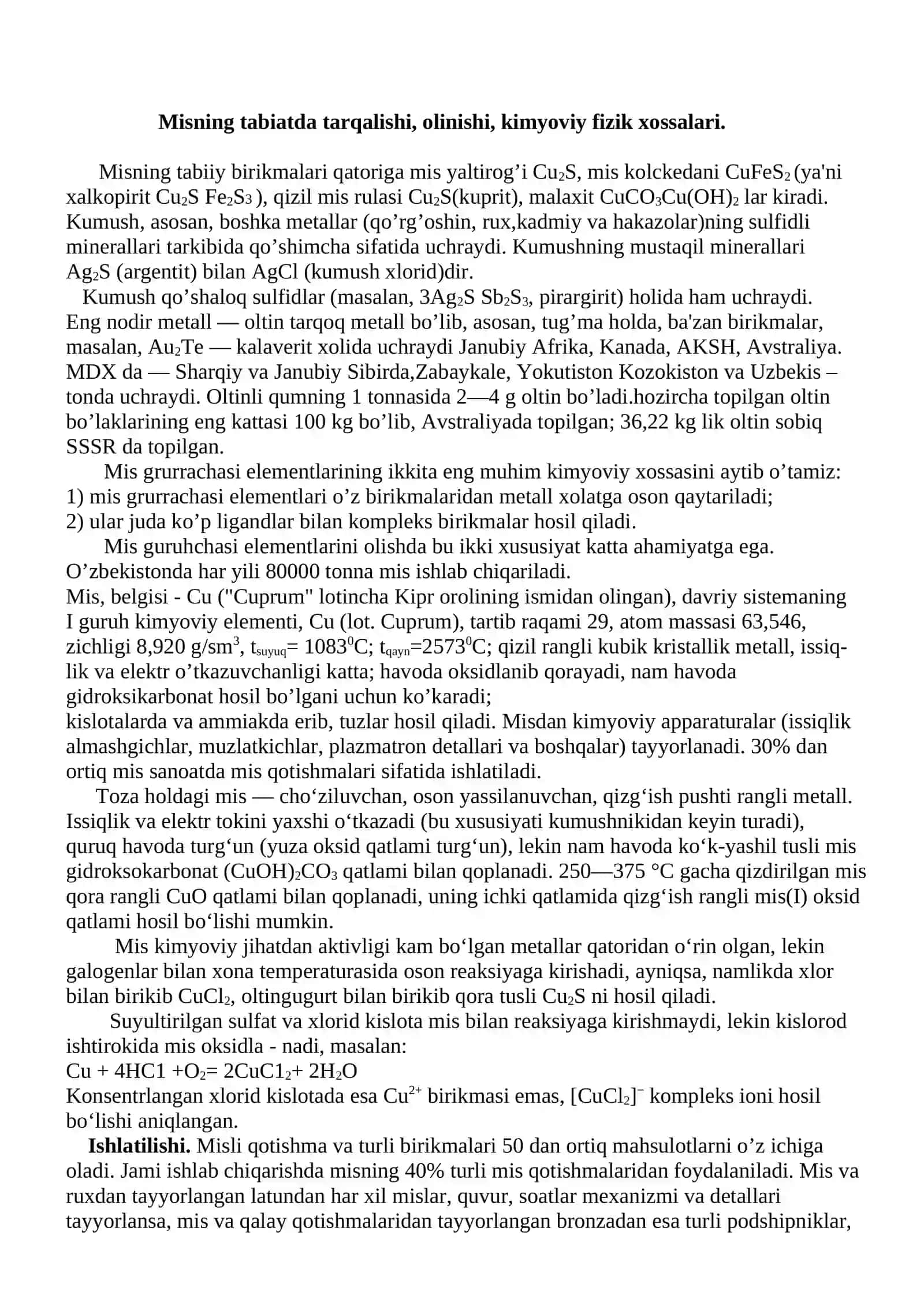 Misning tabiatda tarqalishi, olinishi, kimyoviy fizik xossalari 2