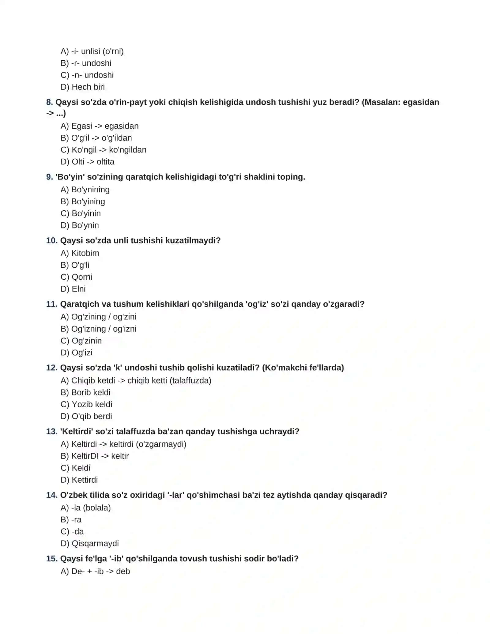 ONA TILI VA ADABIYOT  TOVUSH O'ZGARISHLARI: TUSHISH, ORTISH VA ALMASHINISH 100  TA TEST JAVOBLARI BILAN 2