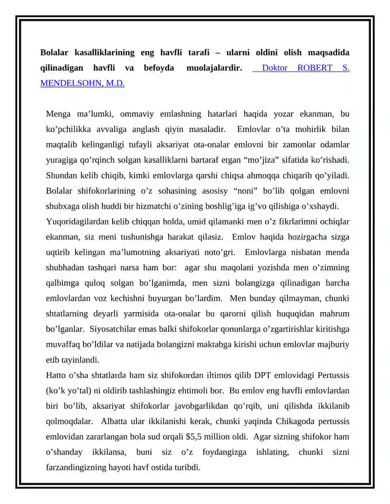 Emlovlarning zararlari haqida 2