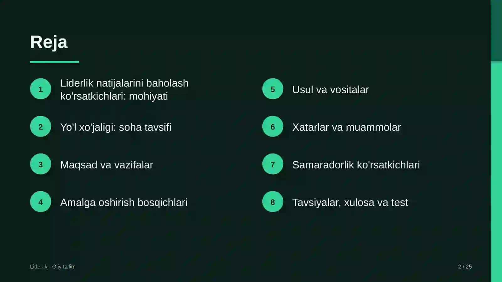 Yo'l xo'jaligida liderlik natijalarini baholash ko'rsatkichlari 2