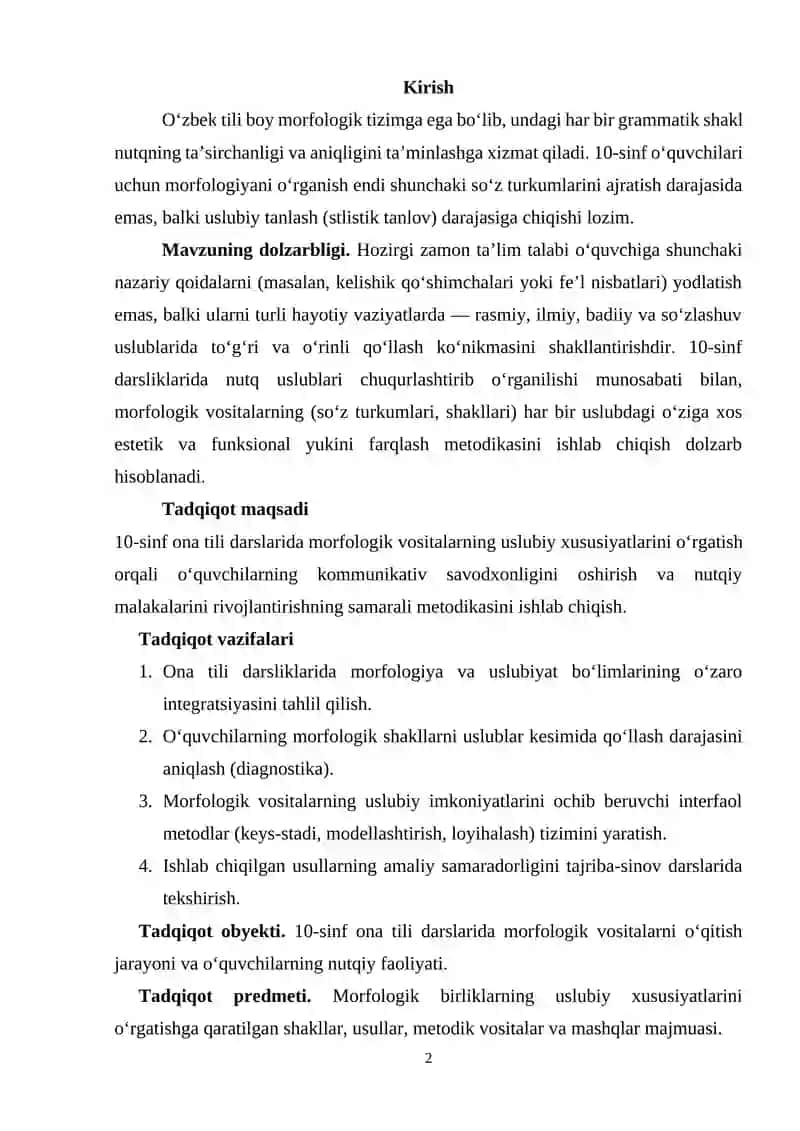 O‘quvchilarining morfologik vositalarni nutqiy uslublarda qo‘llash malakalarini rivojlantirish usullari (10-sinf ona tili darslari misolida) 2