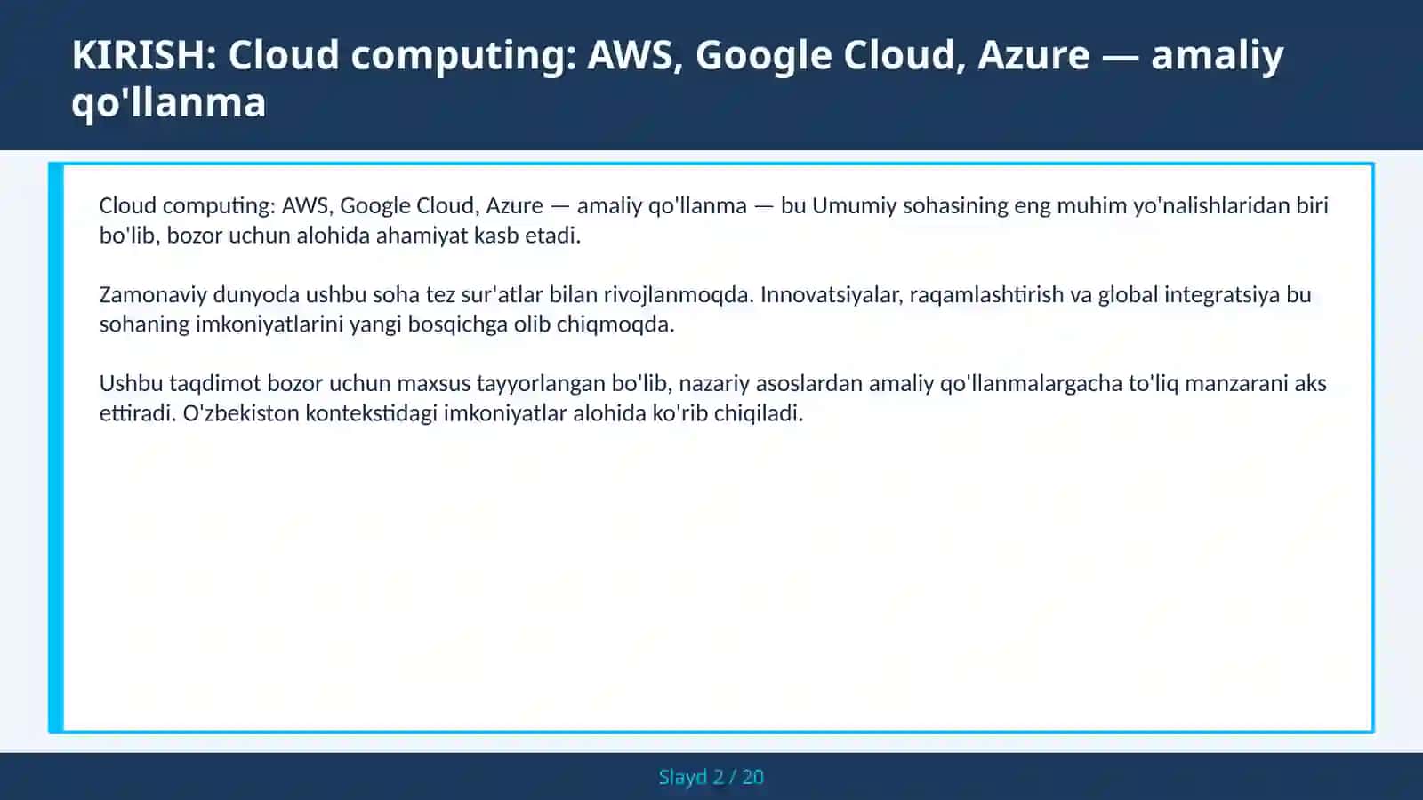 Cloud computing: AWS, Google Cloud, Azure — amaliy qo'llanma 2