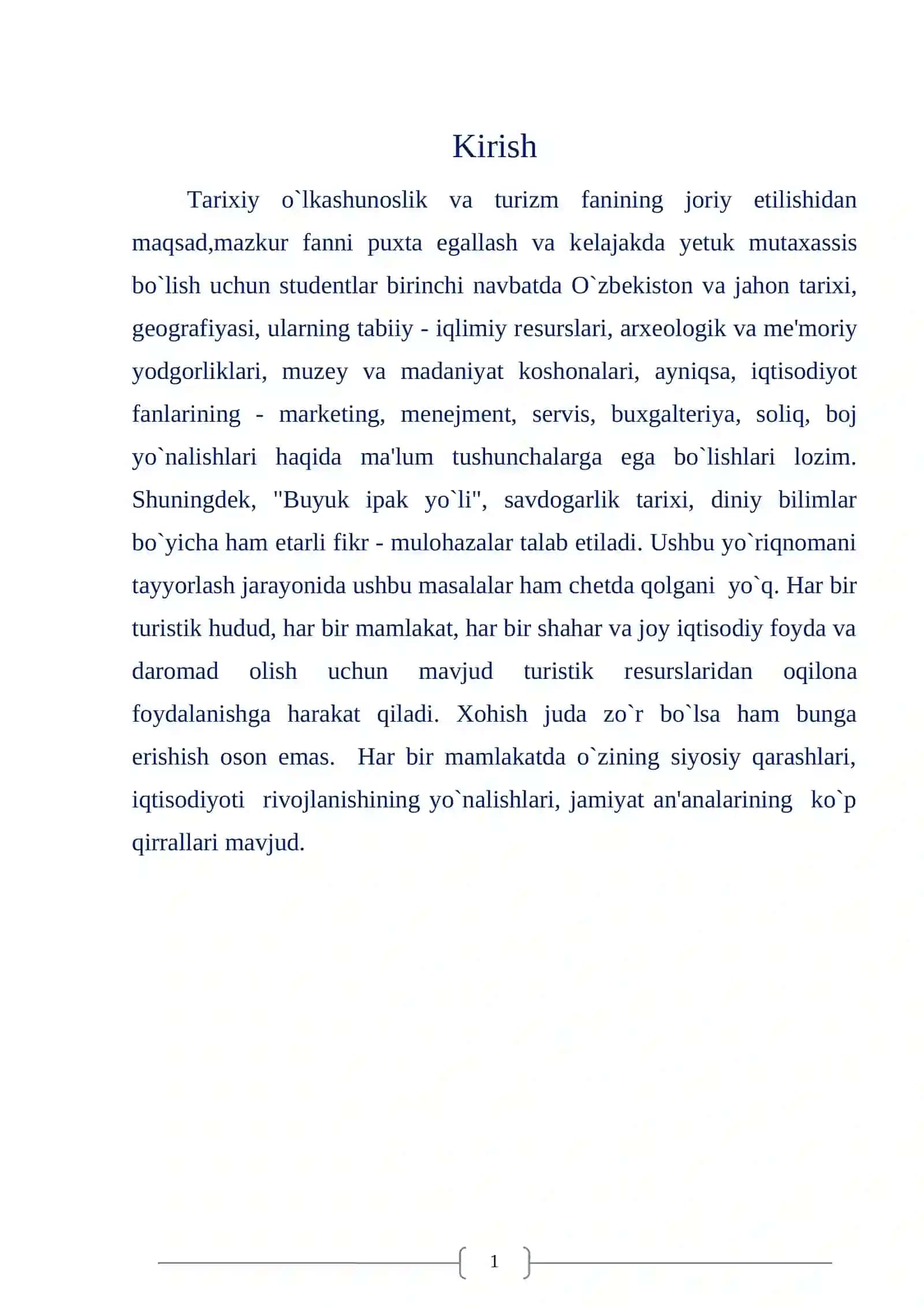 Turizmning turgan o`rni mavzusini o`rganish buyicha 2