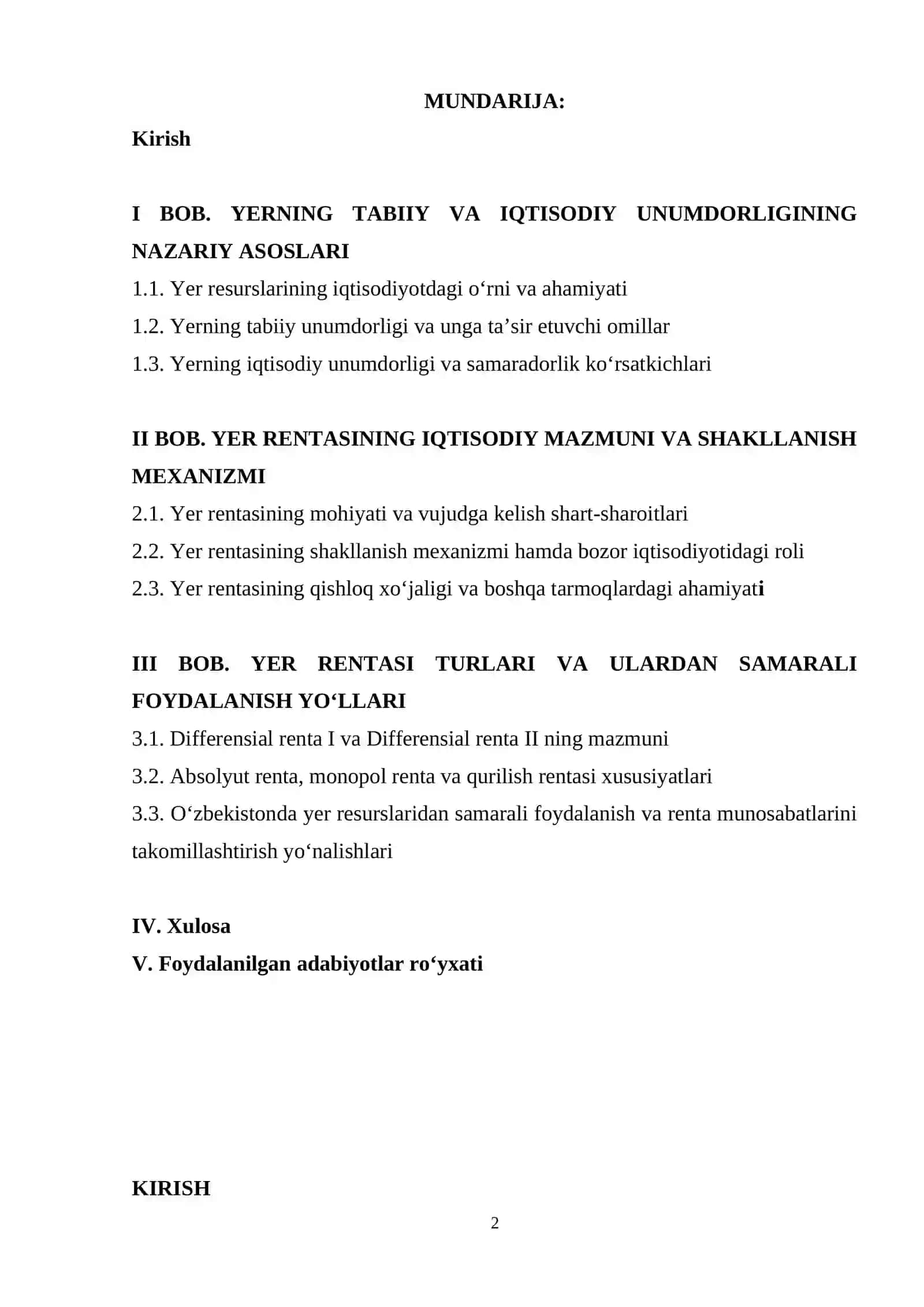 Yerning tabiiy va iqtisodiy unumdorligi, yer rentasi va renta turlari 2