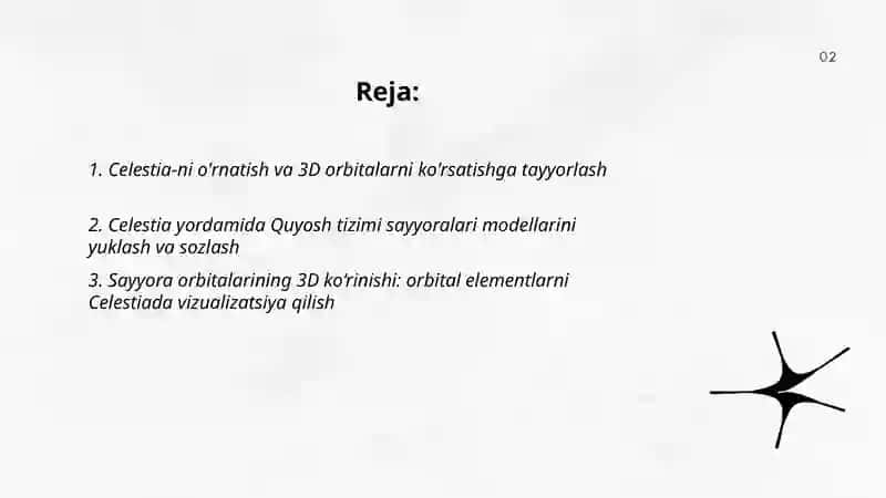 Celestia yordamida Quyosh tizimi sayyoralari orbitasini 3D kuzatish va solishtirish 2