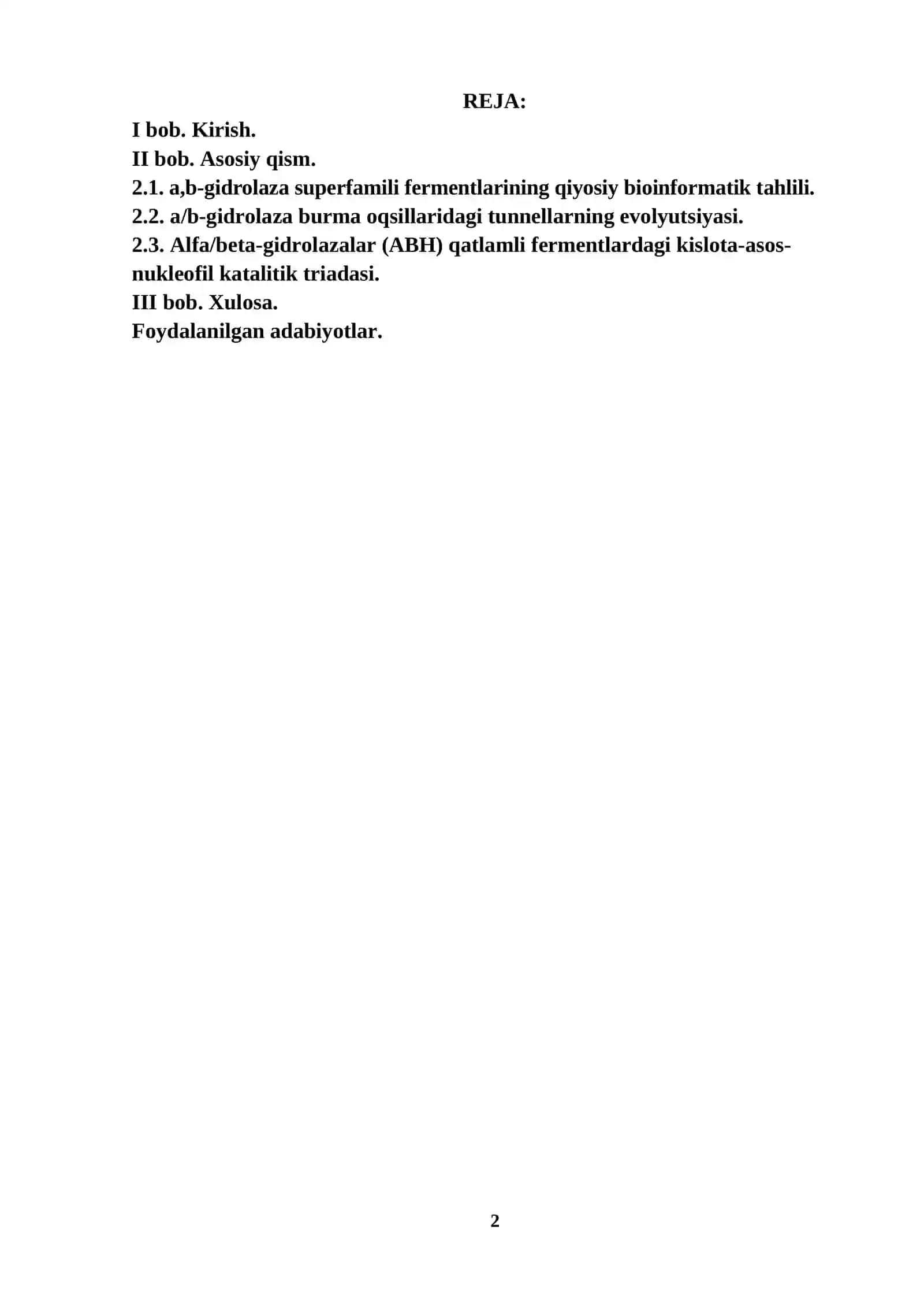 ALFA/BETA GIDROLAZALAR SUPEROILASI FERMENTLARI KATALITIK AMINOKISLOTALARINNNG QIYOSIY BIOINFORMATSION TAHLILI 2