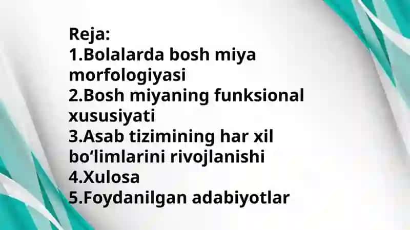 Bolalarda bosh miyaning morfologik va funksional xususiyatlari.Tugʻilgandan keyin markaziy asab tizimining oʻsish va differensirovkasi, neyronlar differensirovkasi ,mielimizatsitaya jarayoni 2