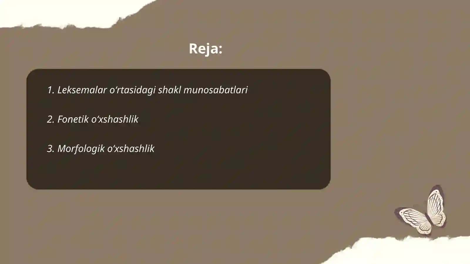 Leksemalar oʻrtasidagi shakl munosabatlari.Omonimiya va paronimiya.Sinonimiya,antonimiya,giponimiya,partonimiya,gradunomiya 2