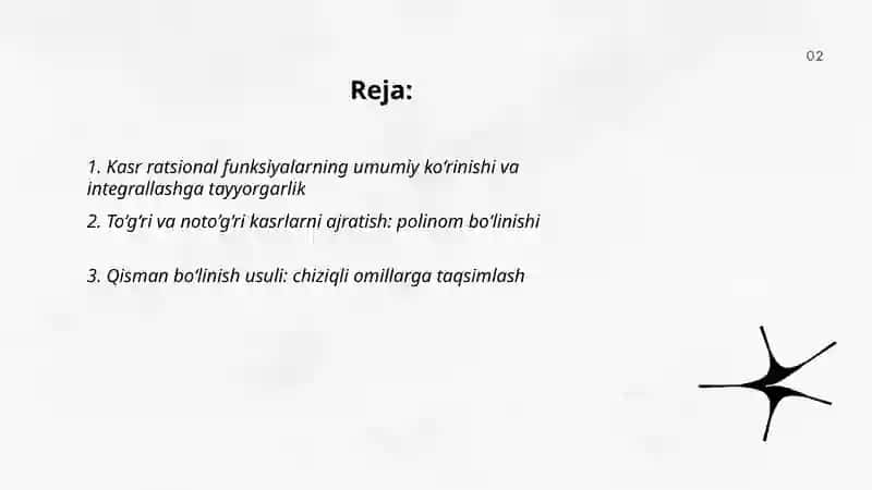 Kasr ratsional va ba'zi irratsional funksiyalarni integrallash 2