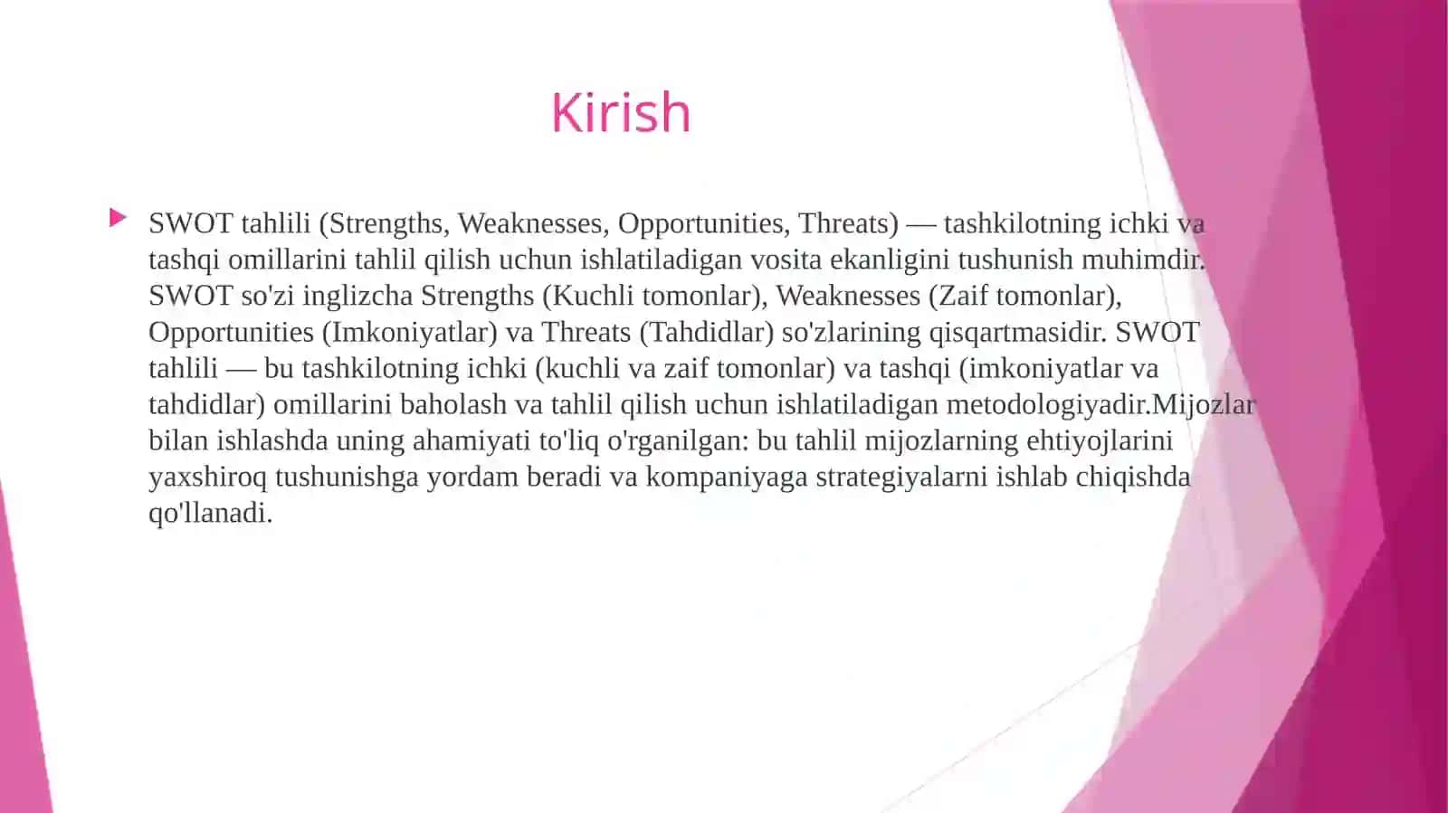 Mijoz bilan ish yuritishda swot tahlilining xususiyatlari 2