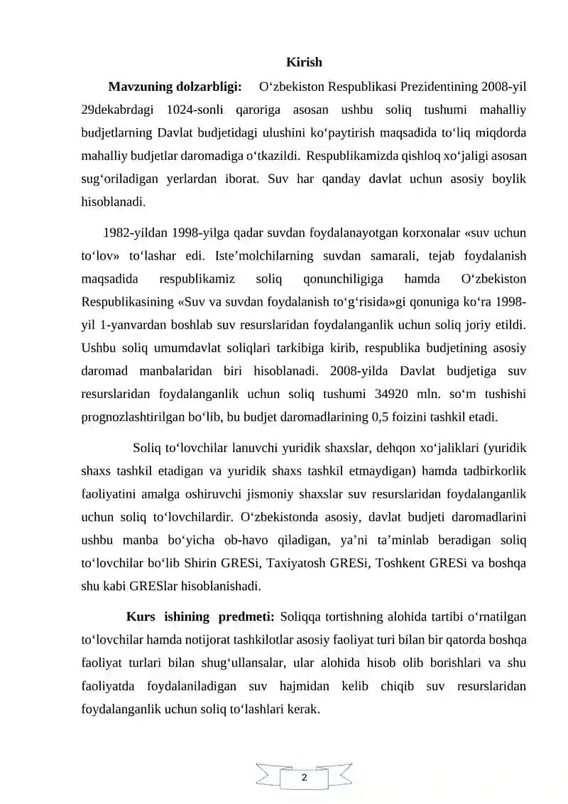 Suv Resurslaridan Foydalanganlik uchun Soliq Tartibi 2