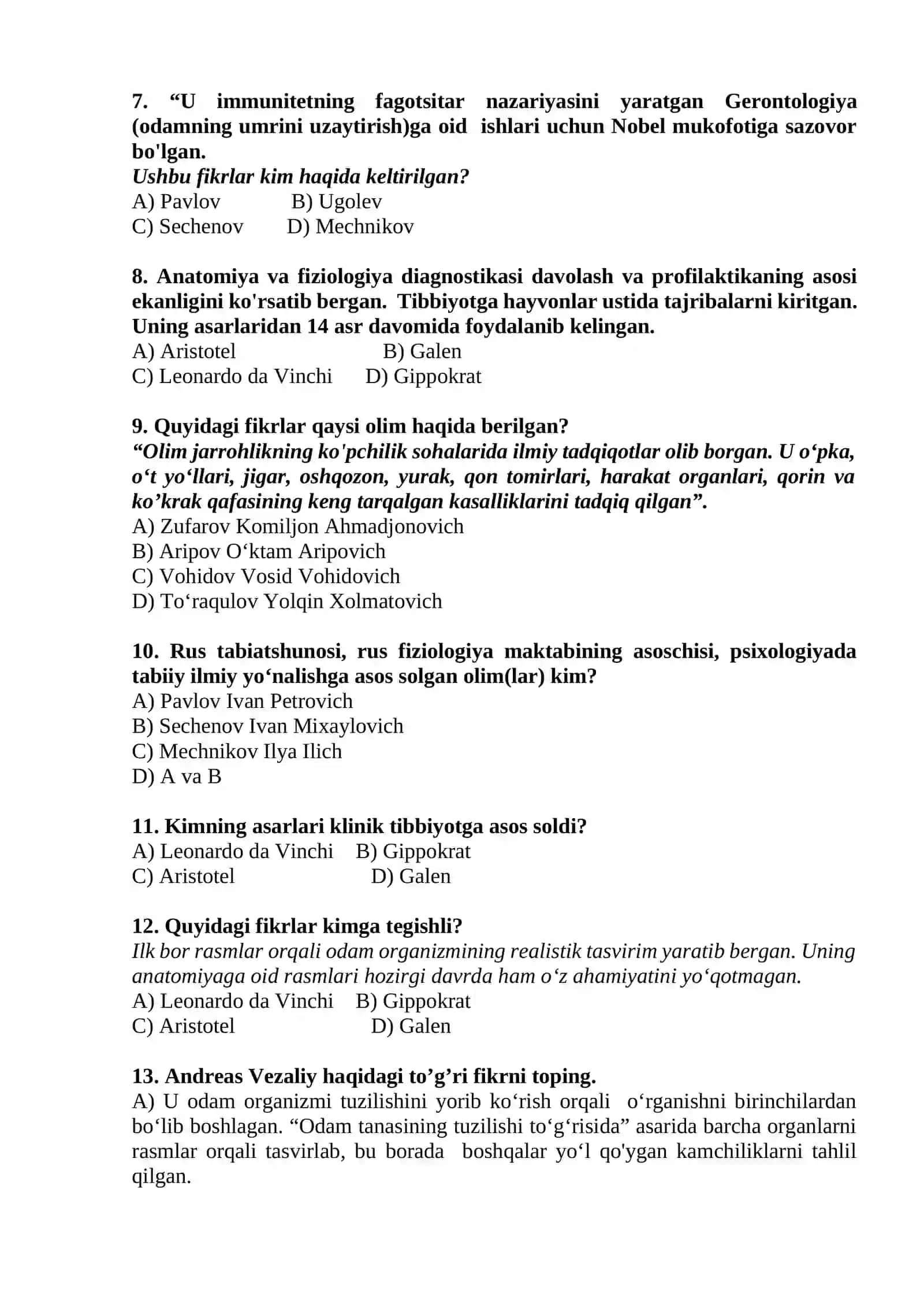 Odam anatomiyasi va fiziologiyasi fanidan testlar 2