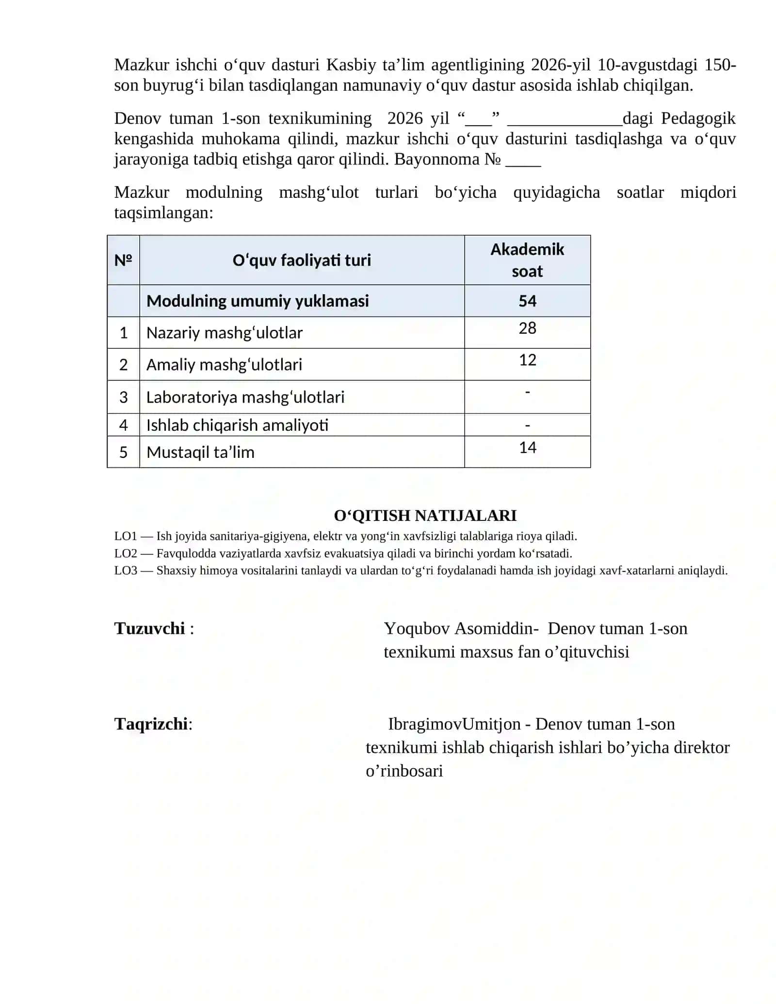 UKM1. Mehnat muhofazasi va texnika xavfsizligi modul ishchi dasturi (avtoservis) 2