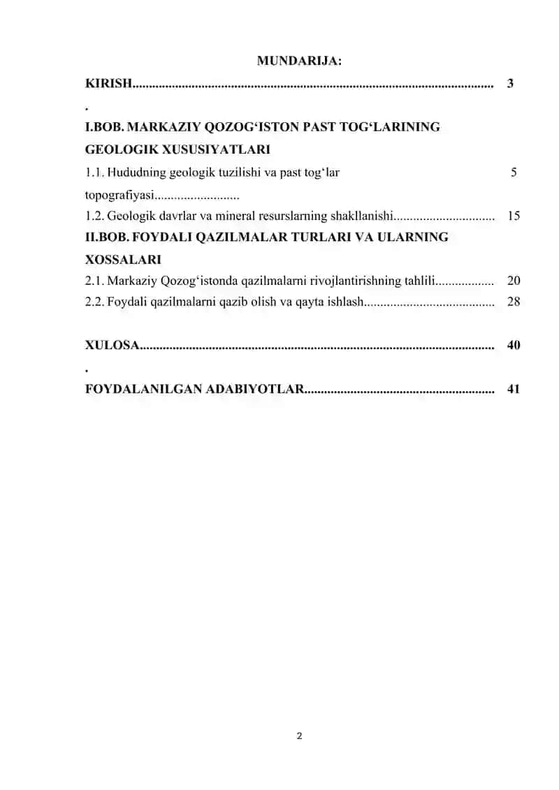 MARKAZIY QOZOG'ISTON PAST TOG'LARINING FOYDALI QAZILMALARI VA ULARDAN OQILONA FOYDALANISH 2