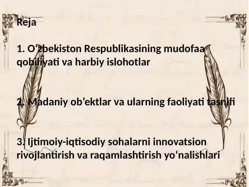 O‘zbekiston mudofaa qobiliyati, madaniy ob’ektlar faoliyati va innovatsion rivojlanish 2