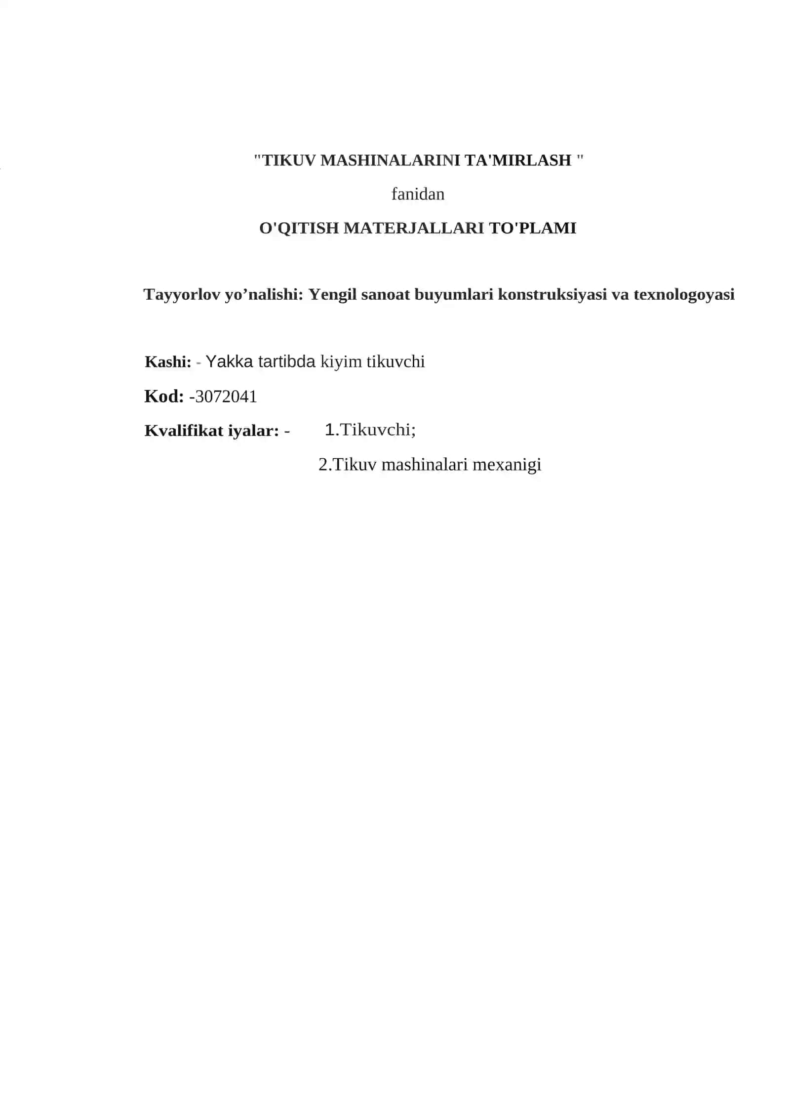 Tikuv mashinalarini ta’mirlash fanidan O'QITISH MATERJALLARI TO'PLAMI 2