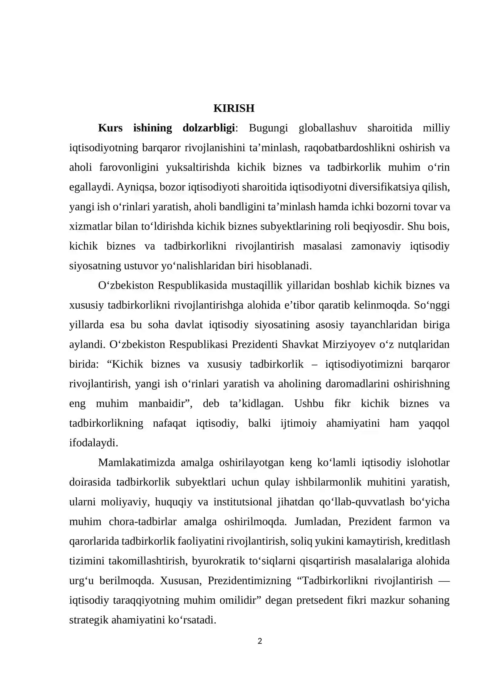 Kichik biznes va tadbirkorlikni rivojlantirishning iqtisodiy ahamiyati 2