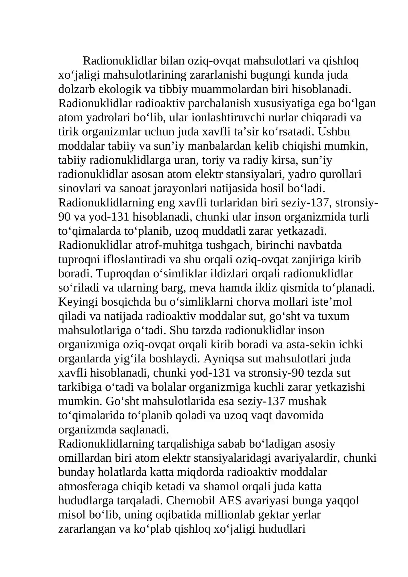 Radionuklidlar bilan oziq-ovqat mahsulotlari va qishloq xo‘jaligi mahsulotlarining zararlanishi hamda ularga qarshi chora-tadbirlar 2