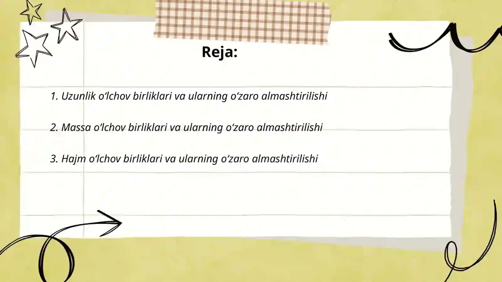 Uzunlik, massa, hajm va sigʻim oʻlchov birliklarini almashtirish 2