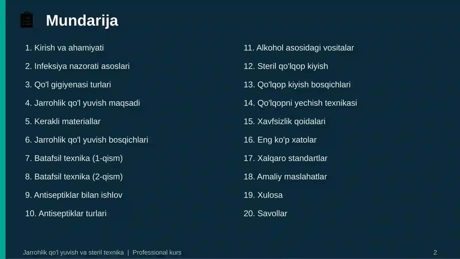 JARROHLIK QO'L YUVISH, ASEPTIKA VA STERIL QO'LQOP KIYISH TEXNIKASI 2