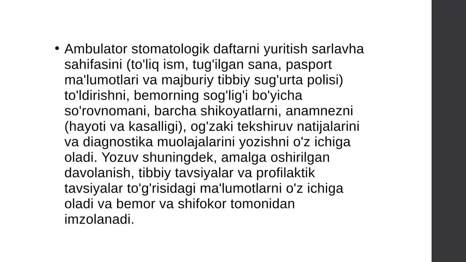 Tibbiy Hujjatlarni yuritish Ambulator Stomatologiyada bemorni Kasallik tarixini toʻldirish 2