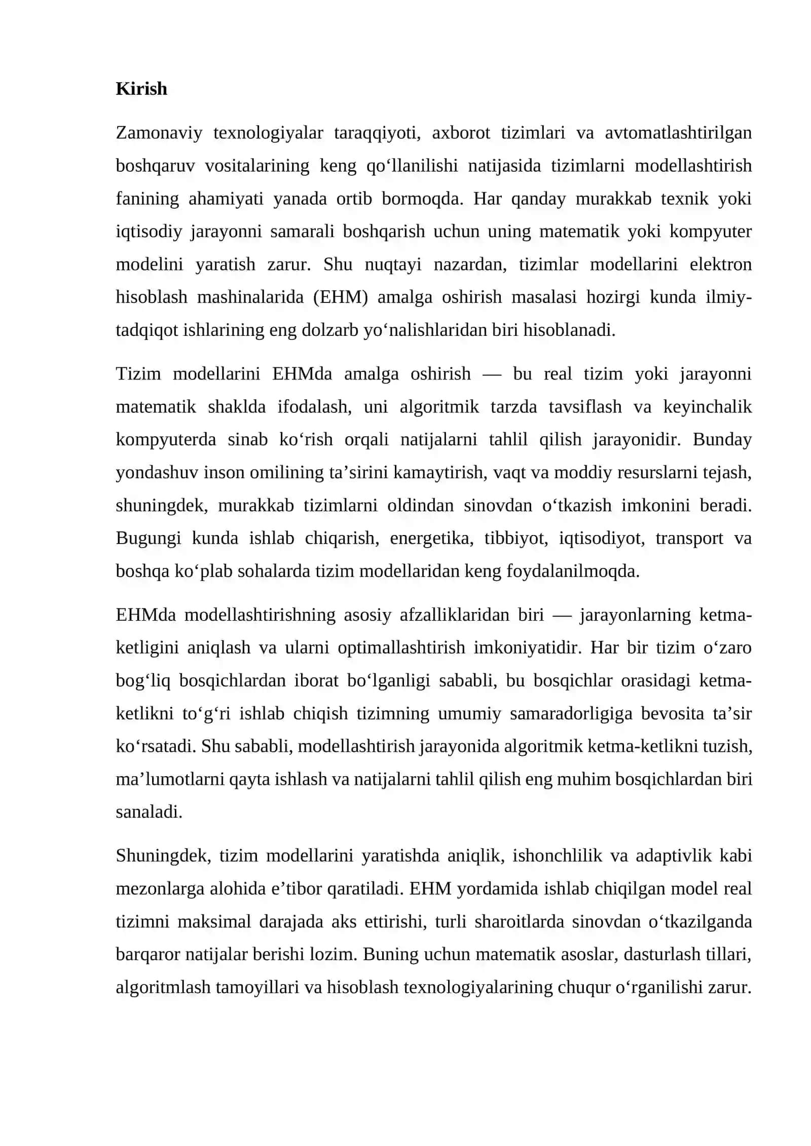 Tizim modellarini EHMda amalga oshirish va ularning ketma-ketligini ishlab chiqish 2