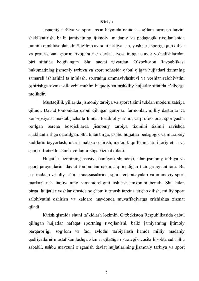 O'ZBEKISTON RESPUBLIKASI HUKUMATINING JISMONIY TARBIYA VA SPORT BO'YICHA QABUL QILGAN HUJJATLARINING AHAMIYATI 2