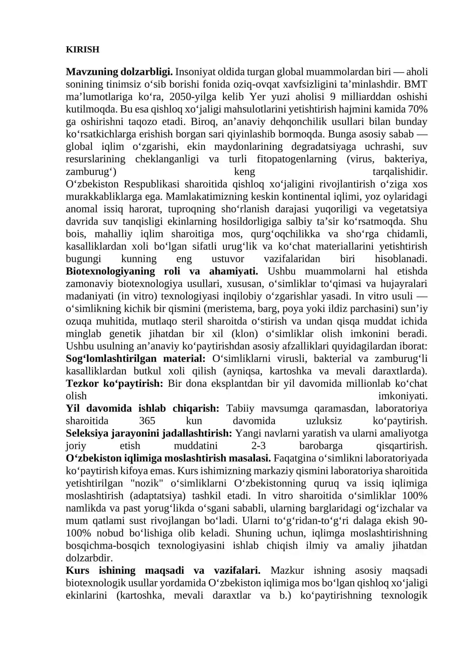 Biotexnologik usullar yordamida Oʻzbekiston iqlimiga mos boʻlgan qishloq xoʻjaligi ekinlarini yetish 2