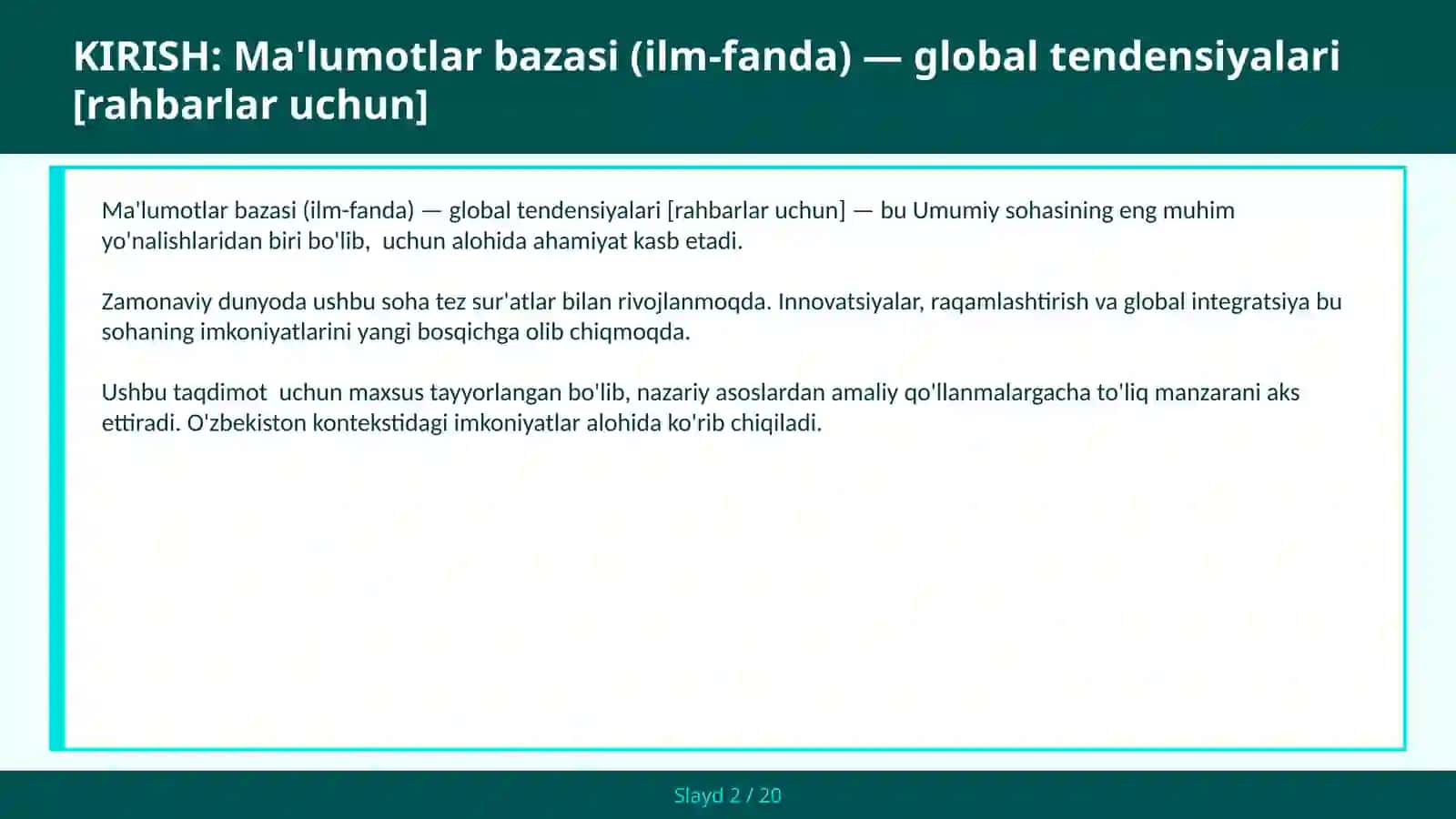 Ma'lumotlar bazasi (ilm-fanda) — global tendensiyalari [rahbarlar uchun] 2