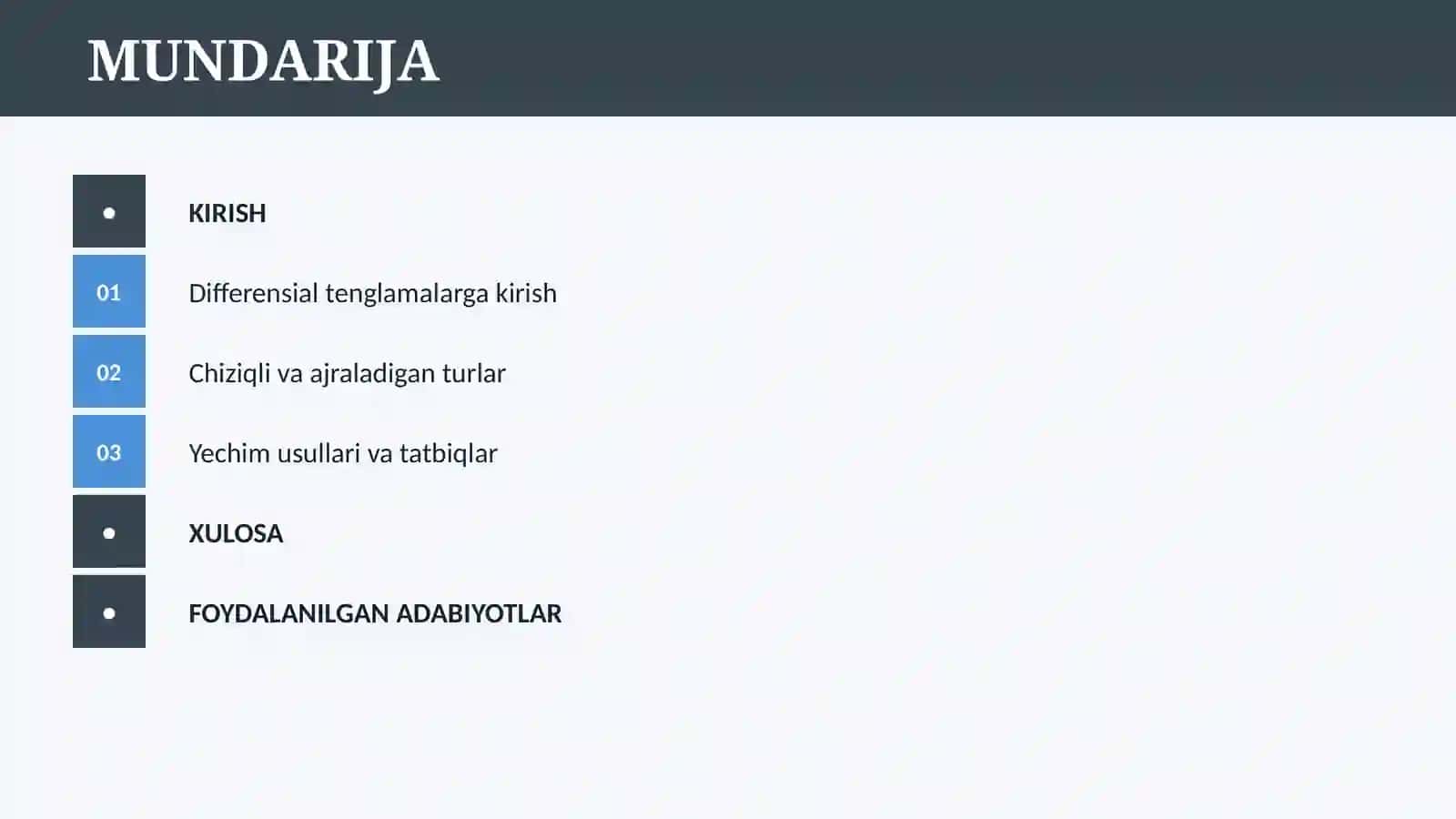 BIRINCHI TАRTIBLI DIFFЕRЕNSIАL TЕNGLАMАLАR. CHIZIQLI DIFFERENSIAL TENGLAMALAR. AJRALADIGAN DIFFERENSIAL TENGLAMALAR 2
