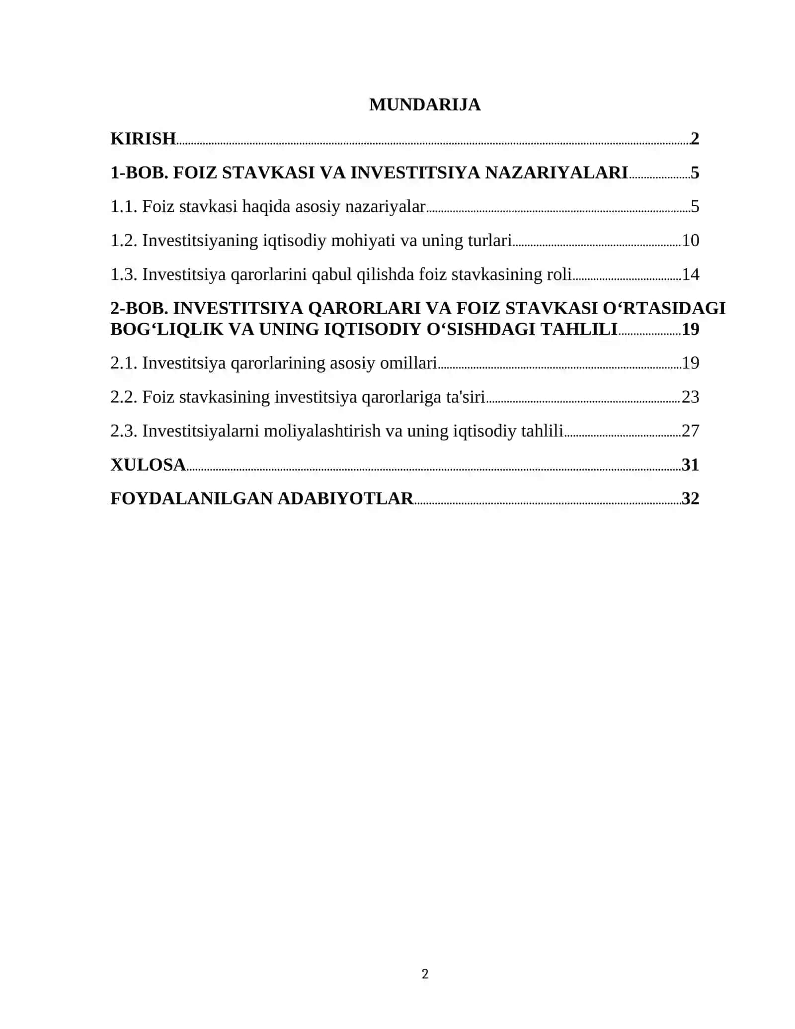 "FOIZ STAVKASI VA INVESTITSIYA QARORLARI" 2
