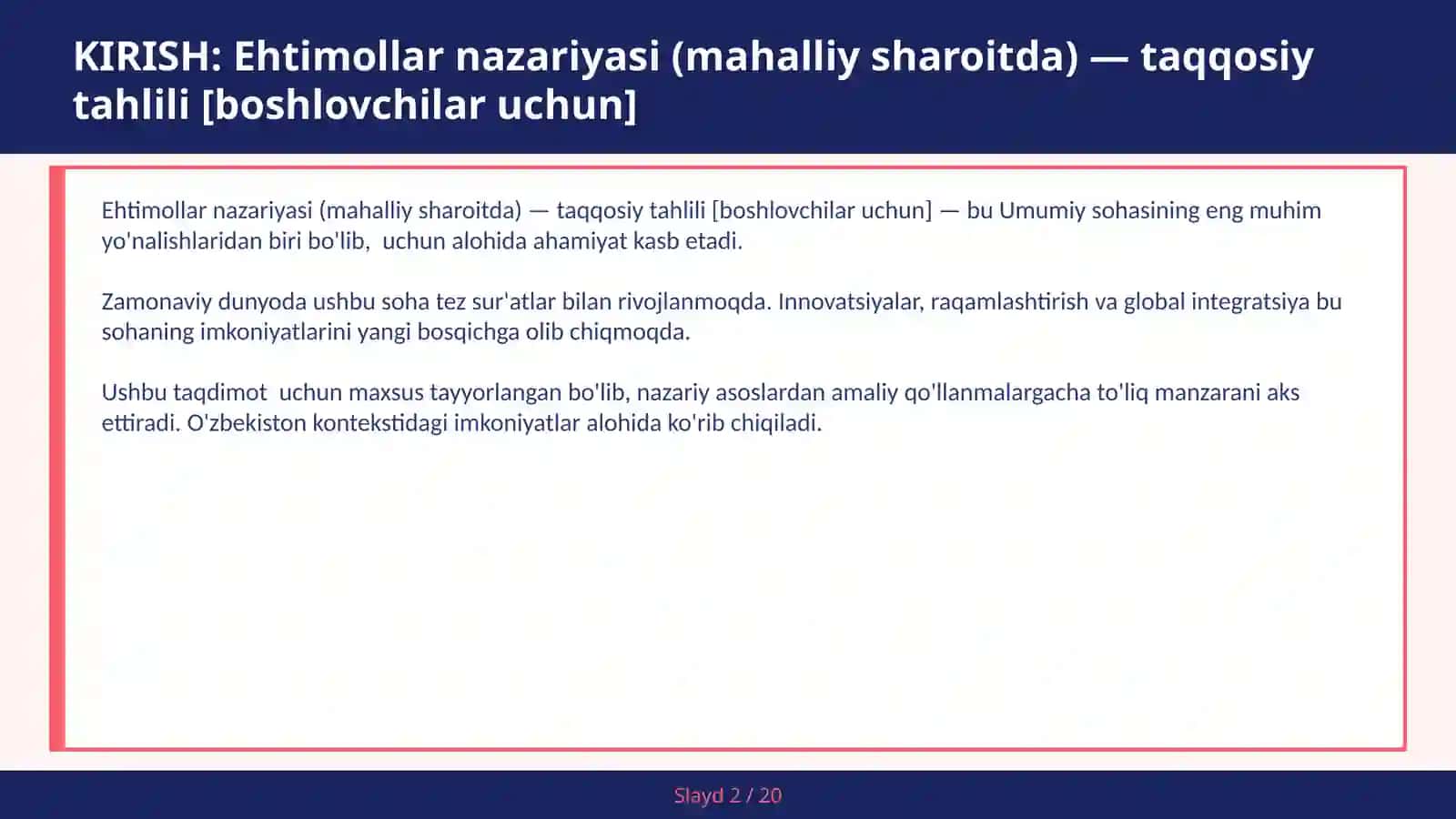 Ehtimollar nazariyasi (mahalliy sharoitda) — taqqosiy tahlili [boshlovchilar uchun] 2